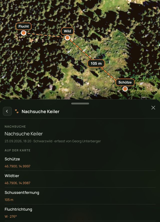 Nachsuche „Keiler“: Punkte für Schütze, Wild und Flucht mit gestrichelter Linie und 105 Metern Schussentfernung, darunter Koordinaten und die Fluchtrichtung West
